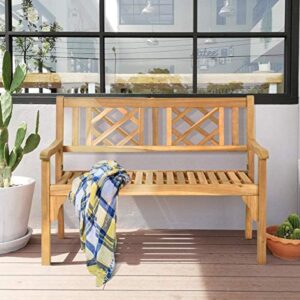 HAPPYGRILL Outdoor Patio Bench Acacia Wood Garden Bench with Backrest and Armrest, Foldable 4-Feet Two Person Loveseat Chair for Garden Lawn Balcony Backyard