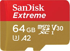 sandisk 64gb extreme microsdxc uhs-i memory card with adapter – up to 160mb/s, c10, u3, v30, 4k, a2, micro sd – sdsqxa2-064g-gn6ma