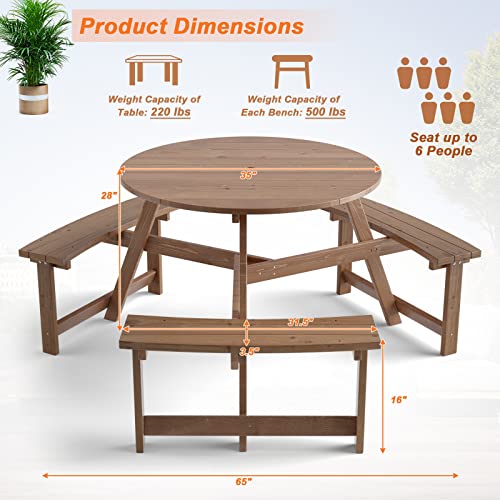 GYMAX Picnic Table, 6 People 1720lbs Wooden Picnic Table Bench Set with Umbrella Hole, Heavy Duty Outdoor Camping Dining Table with Seat for Patio Lawn Backyard Garden Deck Poolside