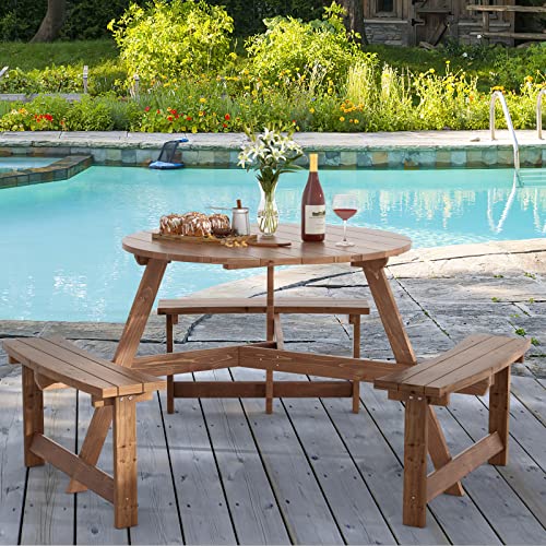 GYMAX Picnic Table, 6 People 1720lbs Wooden Picnic Table Bench Set with Umbrella Hole, Heavy Duty Outdoor Camping Dining Table with Seat for Patio Lawn Backyard Garden Deck Poolside