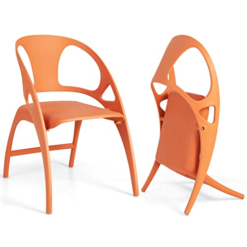 Giantex Folding Dining Chairs Set of 2, Plastic Dining Chairs with Armrest and High Backrest, 330 LBS Indoor Outdoor Modern Dining Chairs for Dining Room Kitchen, Orange