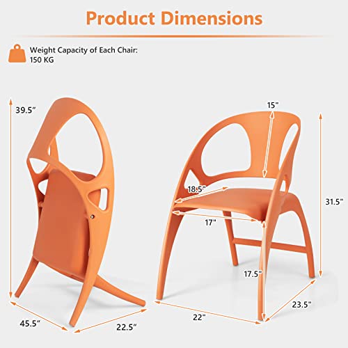 Giantex Folding Dining Chairs Set of 2, Plastic Dining Chairs with Armrest and High Backrest, 330 LBS Indoor Outdoor Modern Dining Chairs for Dining Room Kitchen, Orange