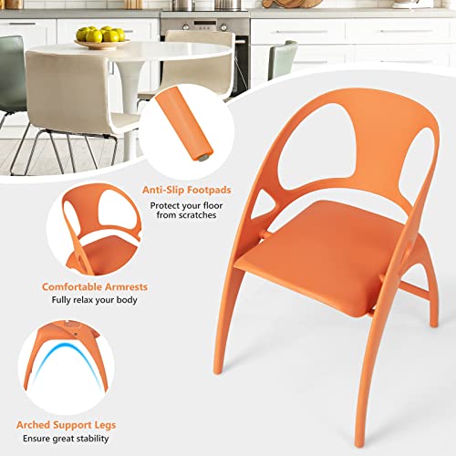 Giantex Folding Dining Chairs Set of 2, Plastic Dining Chairs with Armrest and High Backrest, 330 LBS Indoor Outdoor Modern Dining Chairs for Dining Room Kitchen, Orange