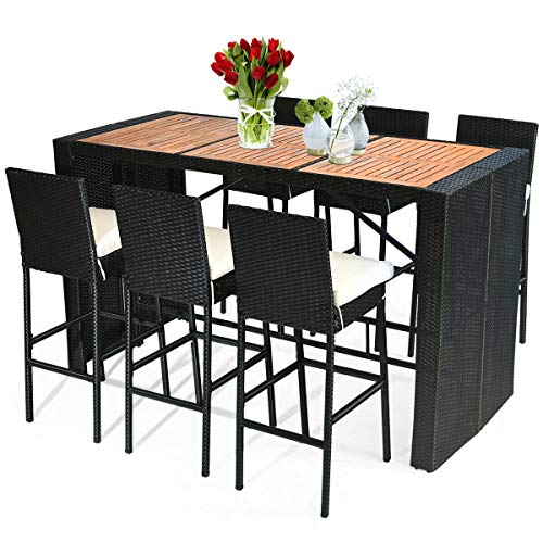 Tangkula 7 PCS Outdoor Dining Set, Patio Wicker Furniture Set with Acacia Wood Bar Table Top and Removable Cushion, Conversation Set for Patios, Backyards, Porches, Gardens and Poolside (Black)