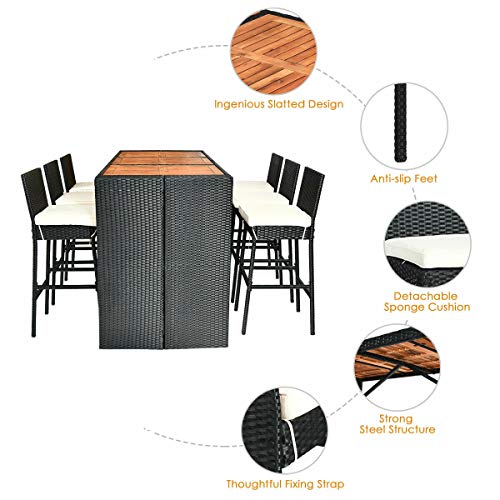 Tangkula 7 PCS Outdoor Dining Set, Patio Wicker Furniture Set with Acacia Wood Bar Table Top and Removable Cushion, Conversation Set for Patios, Backyards, Porches, Gardens and Poolside (Black)