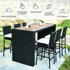 Tangkula 7 PCS Outdoor Dining Set, Patio Wicker Furniture Set with Acacia Wood Bar Table Top and Removable Cushion, Conversation Set for Patios, Backyards, Porches, Gardens and Poolside (Black)