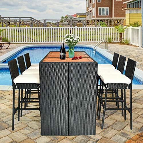 Tangkula 7 PCS Outdoor Dining Set, Patio Wicker Furniture Set with Acacia Wood Bar Table Top and Removable Cushion, Conversation Set for Patios, Backyards, Porches, Gardens and Poolside (Black)