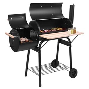 yumin 24.4” barrel charcoal bbq grill with side fire box and offset smoker, outdoor barbecue grills with two wheels for patio, garden, picnics stove, camping, backyard cooking, black