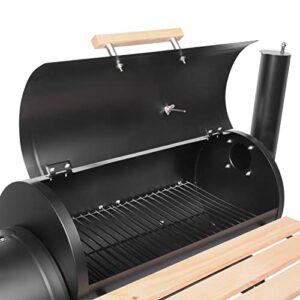 Yumin 24.4'' Barrel Charcoal BBQ Grill with Side Fire Box and Offset Smoker, Outdoor Barbecue Grills with Two Wheels for Patio, Garden, Picnics Stove, Camping, Backyard Cooking, Black