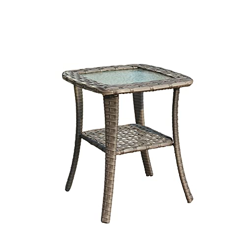 ovios Patio Coffee Table Outdoor Side Table Wicker Rattan Patio Table with Glass Top Garden Tea Table for Yard Garden Porch (Grey-Small Size)