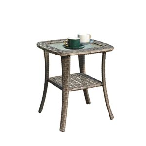 ovios patio coffee table outdoor side table wicker rattan patio table with glass top garden tea table for yard garden porch (grey-small size)