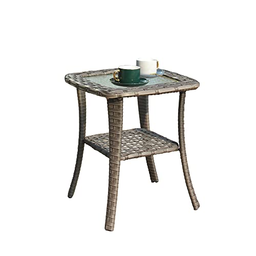 ovios Patio Coffee Table Outdoor Side Table Wicker Rattan Patio Table with Glass Top Garden Tea Table for Yard Garden Porch (Grey-Small Size)