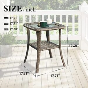 ovios Patio Coffee Table Outdoor Side Table Wicker Rattan Patio Table with Glass Top Garden Tea Table for Yard Garden Porch (Grey-Small Size)