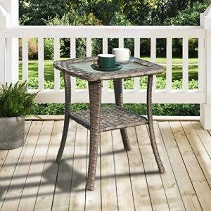 ovios Patio Coffee Table Outdoor Side Table Wicker Rattan Patio Table with Glass Top Garden Tea Table for Yard Garden Porch (Grey-Small Size)