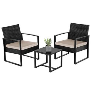 yaheetech 3 pieces patio porch furniture sets outdoor garden furniture sets modern pe rattan wicker chairs with washable cushion & tempered glass tabletop coffee table black/beige