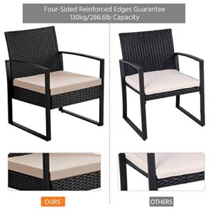Yaheetech 3 Pieces Patio Porch Furniture Sets Outdoor Garden Furniture Sets Modern PE Rattan Wicker Chairs with Washable Cushion & Tempered Glass Tabletop Coffee Table Black/Beige