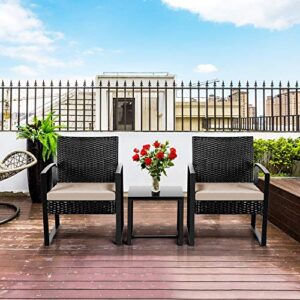 Yaheetech 3 Pieces Patio Porch Furniture Sets Outdoor Garden Furniture Sets Modern PE Rattan Wicker Chairs with Washable Cushion & Tempered Glass Tabletop Coffee Table Black/Beige