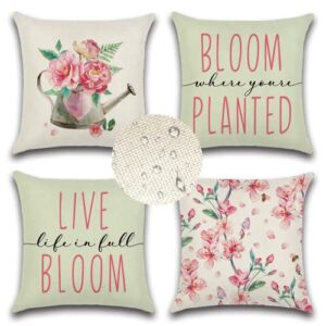 ohok spring summer outdoor waterproof pillow covers 18×18 set of 4 farmhouse decor pillow covers flowers live bloom outdoor patio throw pillow covers for patio funiture garden bed couch sofa