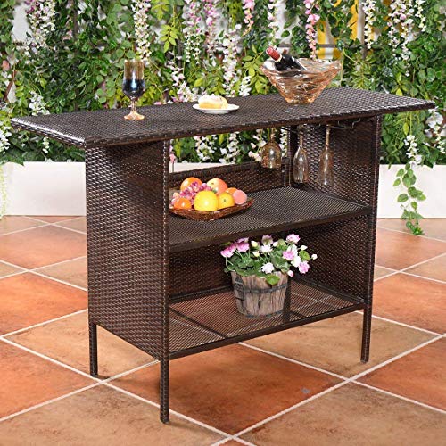 SPSUPE Outdoor Patio Rattan Bar Table, Wicker Bar Counter Table with 2 Steel Shelves and 2 Sets of Rails, 55.1"X 18.5"X 36.2" (L x W x H), Ideal for Garden, Backyard and Pool Side, Brown