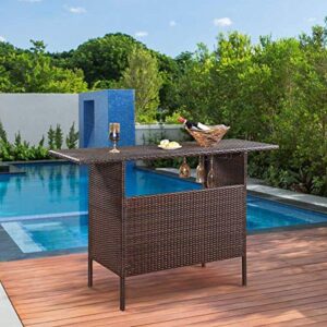 SPSUPE Outdoor Patio Rattan Bar Table, Wicker Bar Counter Table with 2 Steel Shelves and 2 Sets of Rails, 55.1"X 18.5"X 36.2" (L x W x H), Ideal for Garden, Backyard and Pool Side, Brown