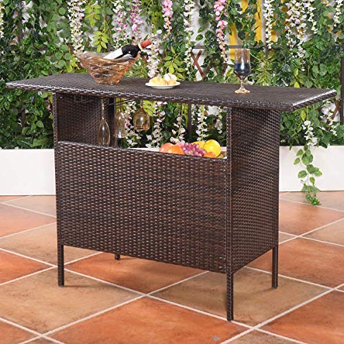 SPSUPE Outdoor Patio Rattan Bar Table, Wicker Bar Counter Table with 2 Steel Shelves and 2 Sets of Rails, 55.1"X 18.5"X 36.2" (L x W x H), Ideal for Garden, Backyard and Pool Side, Brown