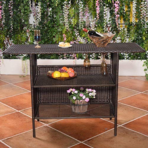 SPSUPE Outdoor Patio Rattan Bar Table, Wicker Bar Counter Table with 2 Steel Shelves and 2 Sets of Rails, 55.1"X 18.5"X 36.2" (L x W x H), Ideal for Garden, Backyard and Pool Side, Brown