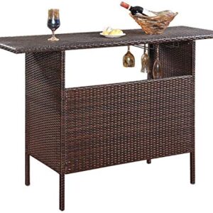 SPSUPE Outdoor Patio Rattan Bar Table, Wicker Bar Counter Table with 2 Steel Shelves and 2 Sets of Rails, 55.1"X 18.5"X 36.2" (L x W x H), Ideal for Garden, Backyard and Pool Side, Brown