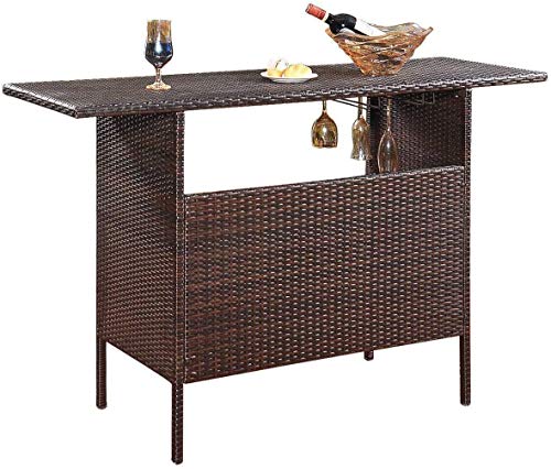 SPSUPE Outdoor Patio Rattan Bar Table, Wicker Bar Counter Table with 2 Steel Shelves and 2 Sets of Rails, 55.1"X 18.5"X 36.2" (L x W x H), Ideal for Garden, Backyard and Pool Side, Brown