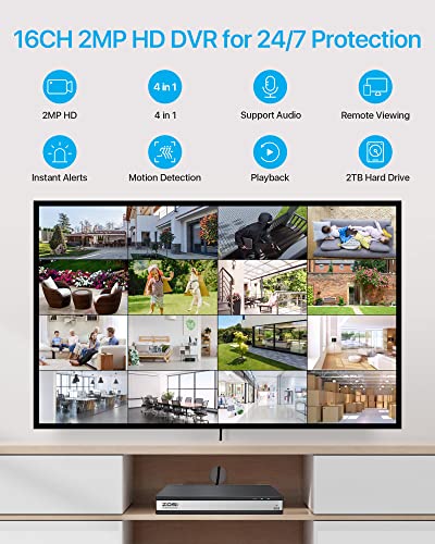 ZOSI 1080p Lite 16 Channel Security DVR Recorder, H.265+ Hybrid 4-in-1(Analog/AHD/TVI/CVI) CCTV DVR for Security Camera,Motion Detection,Mobile Remote Control,Email Alarm,2TB Hard Drive Included