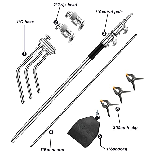 C Stand with Boom Arm-Photography Light Stand - Max Height 10.5ft/320cm, with 4.2ft/128cm Holding Arm ,Photography Stainless Steel Heavy Duty Stand Silver (CXJH01)