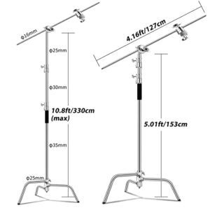 C Stand with Boom Arm-Photography Light Stand - Max Height 10.5ft/320cm, with 4.2ft/128cm Holding Arm ,Photography Stainless Steel Heavy Duty Stand Silver (CXJH01)