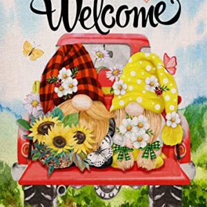 Covido Home Decorative Welcome Spring Gnome Couple Garden Flag, Summer Red Truck Butterfly Yard Daisy Flower Sunflower Plaid Check Outside Decoration, Floral Polka Dots Outdoor Small Decor 12x18