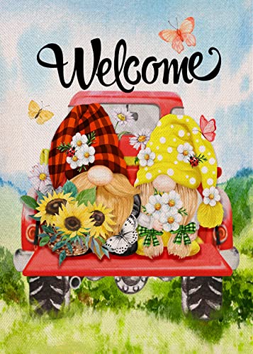 Covido Home Decorative Welcome Spring Gnome Couple Garden Flag, Summer Red Truck Butterfly Yard Daisy Flower Sunflower Plaid Check Outside Decoration, Floral Polka Dots Outdoor Small Decor 12x18