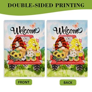 Covido Home Decorative Welcome Spring Gnome Couple Garden Flag, Summer Red Truck Butterfly Yard Daisy Flower Sunflower Plaid Check Outside Decoration, Floral Polka Dots Outdoor Small Decor 12x18