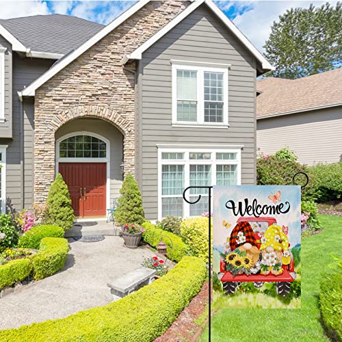 Covido Home Decorative Welcome Spring Gnome Couple Garden Flag, Summer Red Truck Butterfly Yard Daisy Flower Sunflower Plaid Check Outside Decoration, Floral Polka Dots Outdoor Small Decor 12x18