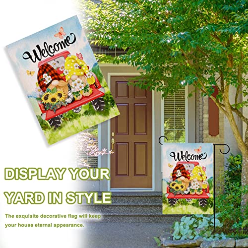 Covido Home Decorative Welcome Spring Gnome Couple Garden Flag, Summer Red Truck Butterfly Yard Daisy Flower Sunflower Plaid Check Outside Decoration, Floral Polka Dots Outdoor Small Decor 12x18