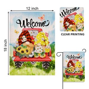 Covido Home Decorative Welcome Spring Gnome Couple Garden Flag, Summer Red Truck Butterfly Yard Daisy Flower Sunflower Plaid Check Outside Decoration, Floral Polka Dots Outdoor Small Decor 12x18