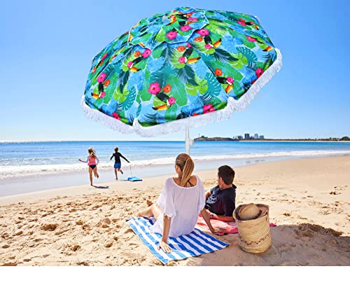 AMMSUN 6.5ft Heavy Duty HIGH Wind fringe Beach Umbrella with sand anchor & Tilt Sun Shelter , UV 50+ Sun Protection Outdoor Sunshade Umbrella with Carry Bag for Patio Garden Beach Pool Backyard Sports Multicolor Green