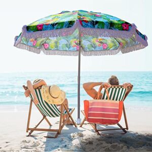 AMMSUN 6.5ft Heavy Duty HIGH Wind fringe Beach Umbrella with sand anchor & Tilt Sun Shelter , UV 50+ Sun Protection Outdoor Sunshade Umbrella with Carry Bag for Patio Garden Beach Pool Backyard Sports Multicolor Green