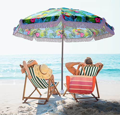 AMMSUN 6.5ft Heavy Duty HIGH Wind fringe Beach Umbrella with sand anchor & Tilt Sun Shelter , UV 50+ Sun Protection Outdoor Sunshade Umbrella with Carry Bag for Patio Garden Beach Pool Backyard Sports Multicolor Green