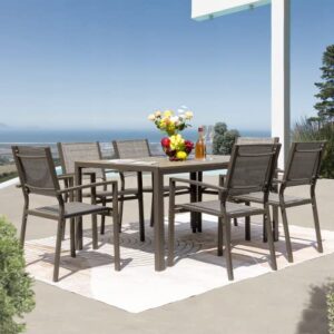 Rankok 7 Piece Patio Dining Set Outdoor Furniture Set with Weather Resistant Table and 6 Stackable Textilene Chairs for Garden, Yard, Garden and Poolside (Gray)