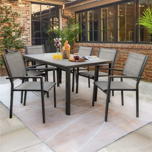 Rankok 7 Piece Patio Dining Set Outdoor Furniture Set with Weather Resistant Table and 6 Stackable Textilene Chairs for Garden, Yard, Garden and Poolside (Gray)