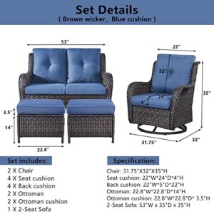 Belord 5 Pieces Patio Furniture Sets, Wicker Patio Swivel Glider Chairs with 2 Ottoman and Loveseat for Outside Balcony Porch Deck Backyard and Poolside