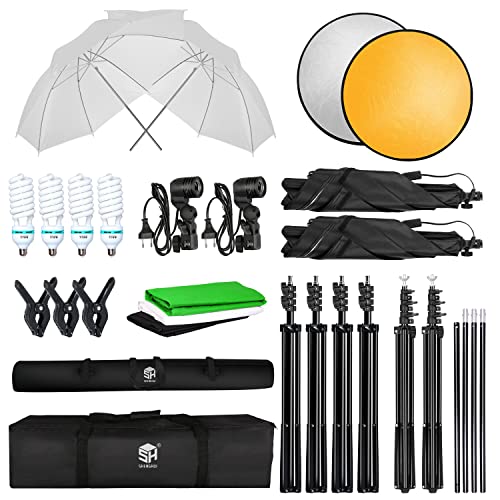 SH 2.6M x 3M/8.5ft x 10ft Photography Lighting Backdrops Stand Accessories Kit and 4 x 65W 5500K Bulbs Green Screen Umbrellas Softbox Continuous Light Kit for Photo Studio Portrait Video Shoot