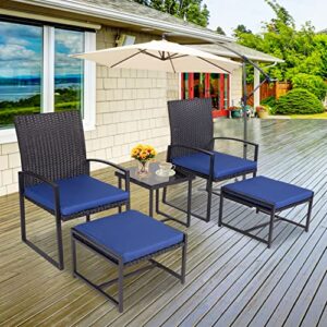 kinbor 5 pieces outdoor patio furniture set, wicker pool deck chairs with ottomans and coffee table, pe rattan conversation set for balcony porch backyard garden poolside, dark blue