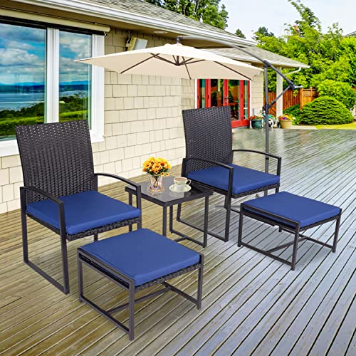 kinbor 5 Pieces Outdoor Patio Furniture Set, Wicker Pool Deck Chairs with Ottomans and Coffee Table, PE Rattan Conversation Set for Balcony Porch Backyard Garden Poolside, Dark Blue