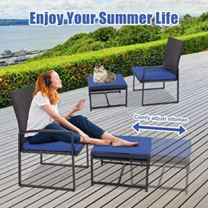 kinbor 5 Pieces Outdoor Patio Furniture Set, Wicker Pool Deck Chairs with Ottomans and Coffee Table, PE Rattan Conversation Set for Balcony Porch Backyard Garden Poolside, Dark Blue
