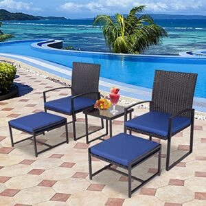 kinbor 5 Pieces Outdoor Patio Furniture Set, Wicker Pool Deck Chairs with Ottomans and Coffee Table, PE Rattan Conversation Set for Balcony Porch Backyard Garden Poolside, Dark Blue