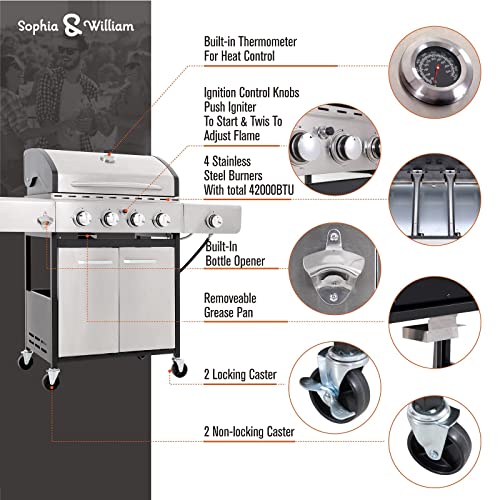 Sophia & William 4-Burner Propane Gas Grill with Side Burner and Porcelain-Enameled Cast Iron Grates 42,000BTU Outdoor Cooking Stainless Steel BBQ Grills Cabinet Style Patio Garden Barbecue Grill