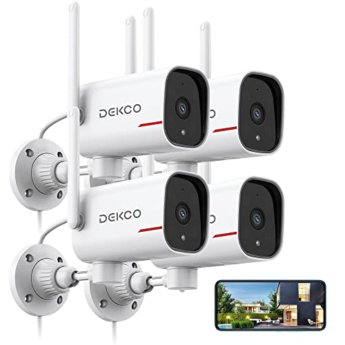 DEKCO Home Security Cameras 2K Pan Rotating 180° Wired Outdoor Security Cameras with Night Vision, Two-Way Audio, 2.4G WiFi, IP65, Motion Detection Alarm (4Pack)